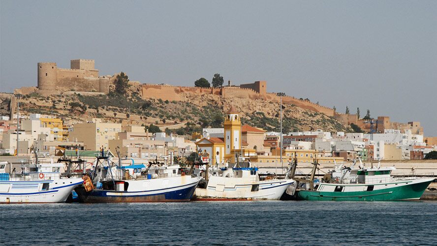 El puerto de Almería con la Alcazaba en el fondo